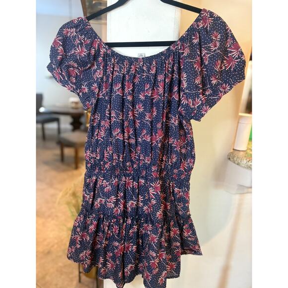 EBERJEY Elsie Gathered Printed Cotton Mini Dress In Navy Size L 8-12 MSRP$198 - Picture 4 of 4
